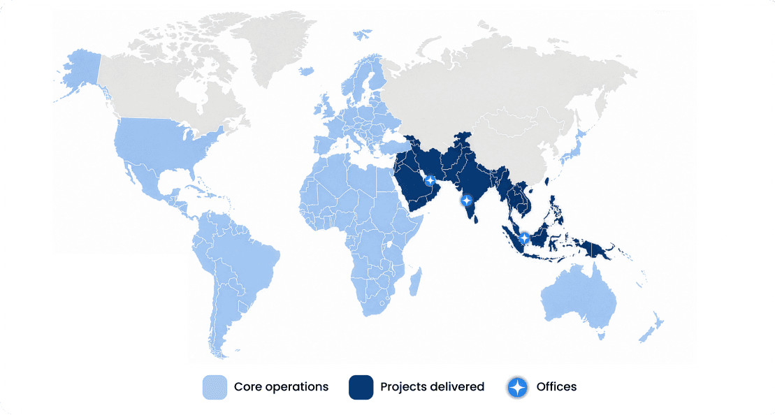Map of docfliq operations — core operations, projects delivered, and offices